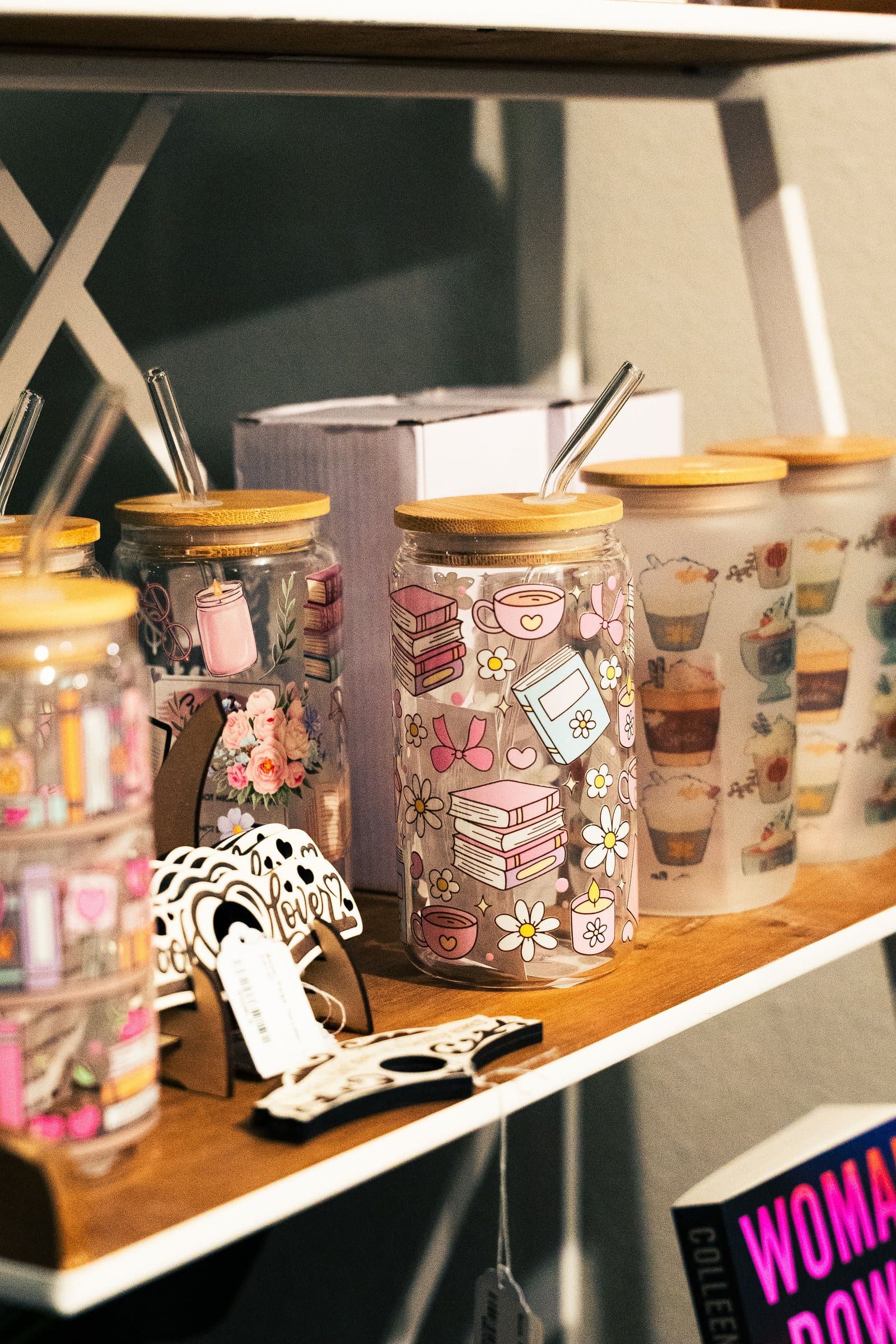 Jars of handmade goods and trinkets on a shelf at Corner Nook