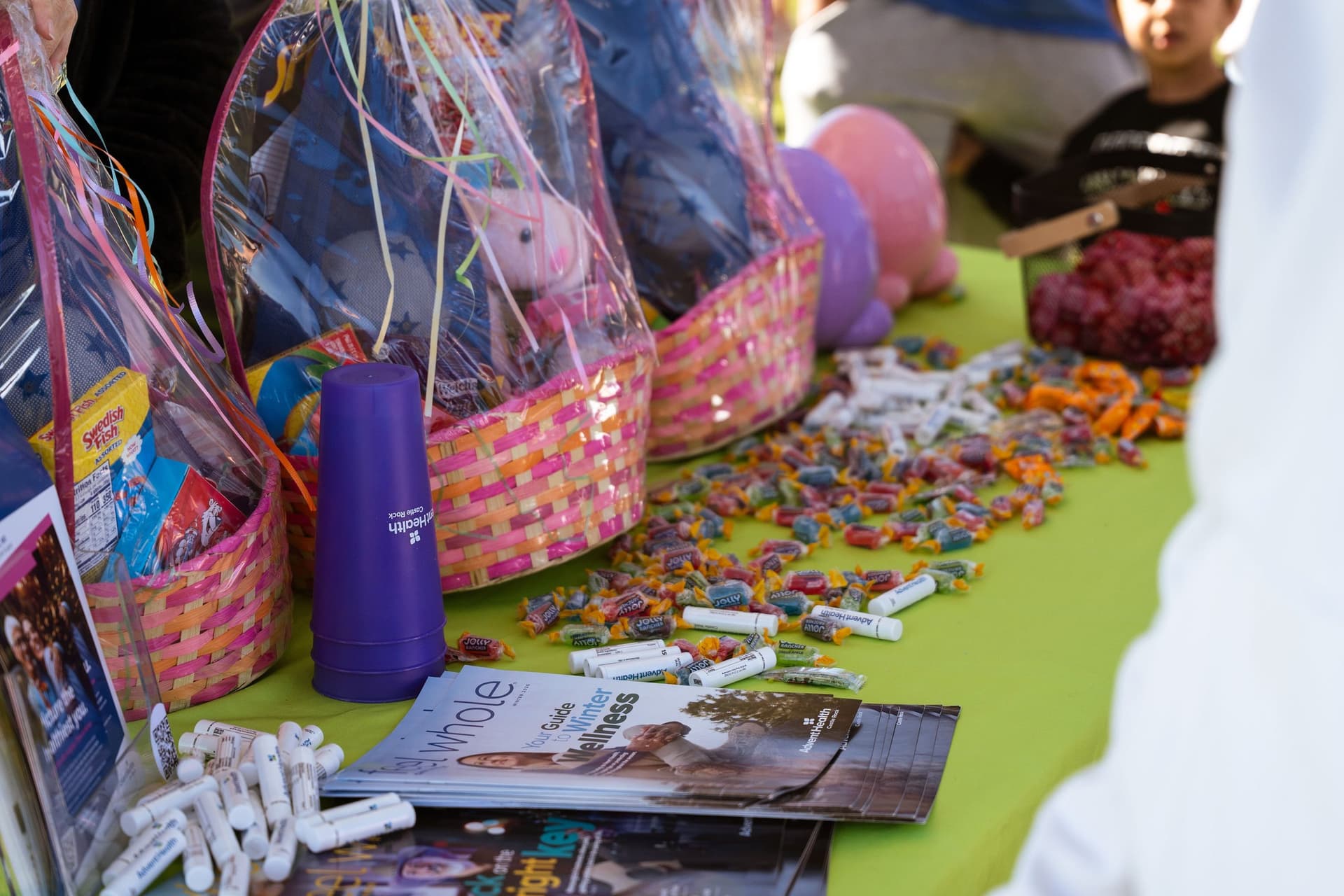 Prize Easter baskets lined up at the community Easter egg hunt