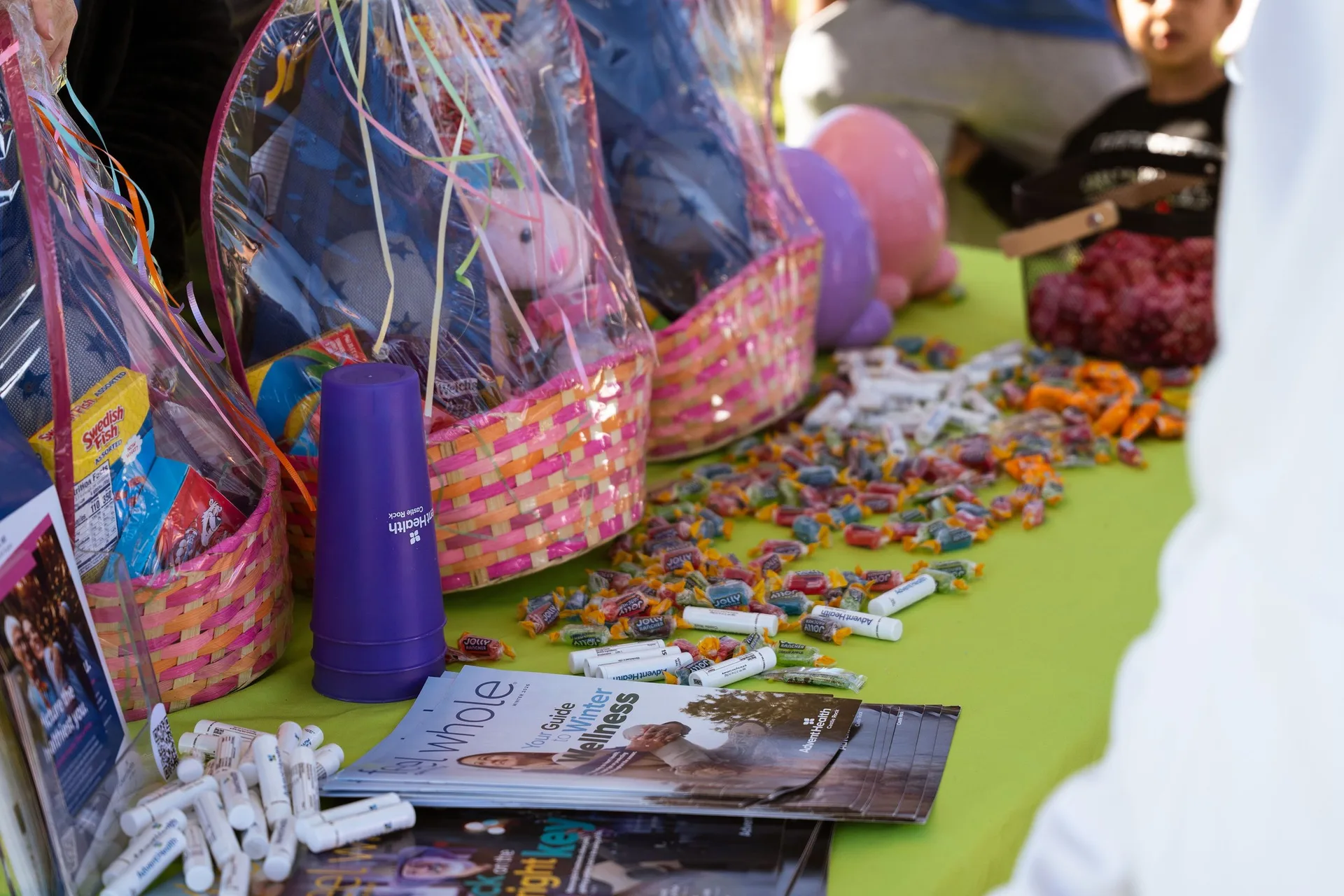 Prize Easter baskets lined up at the community Easter egg hunt