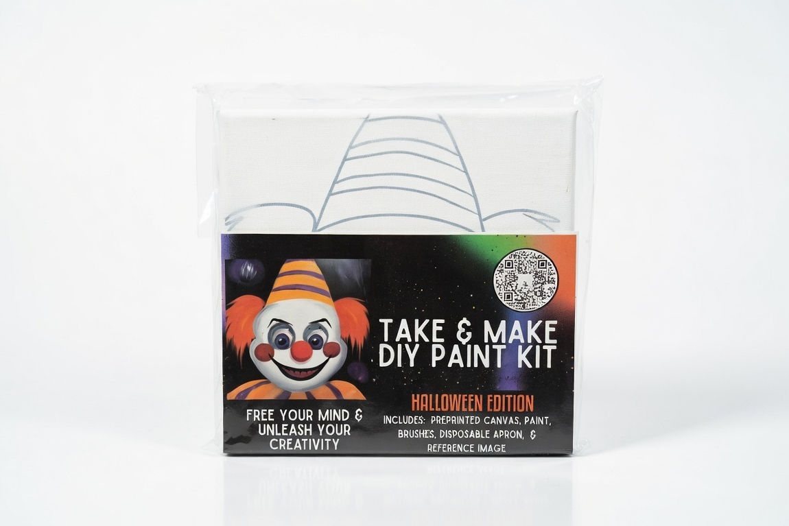 Clown-themed DIY paint kit packaged in clear sleeve, product photography